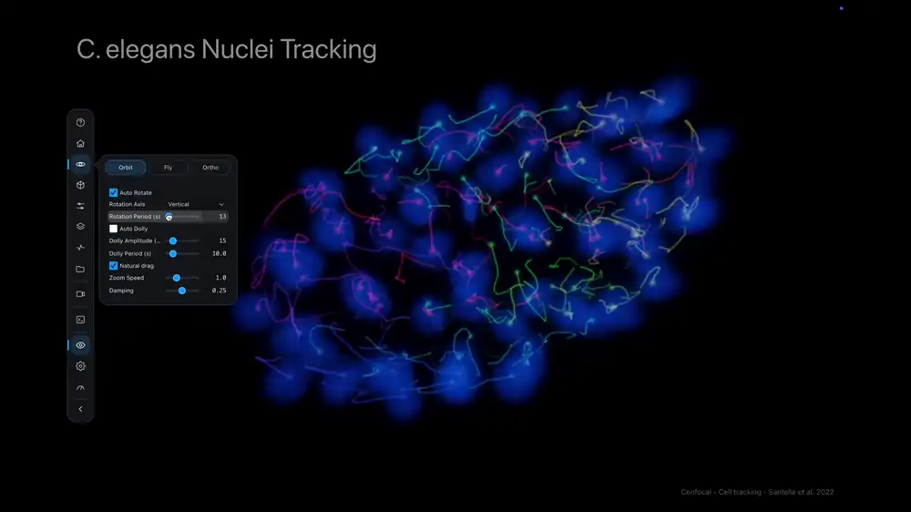 The Dimension Navigation panel playing the time axis of the C. elegans nuclei-tracking scene: a handful of nuclei become a full embryo with its lineage tracks