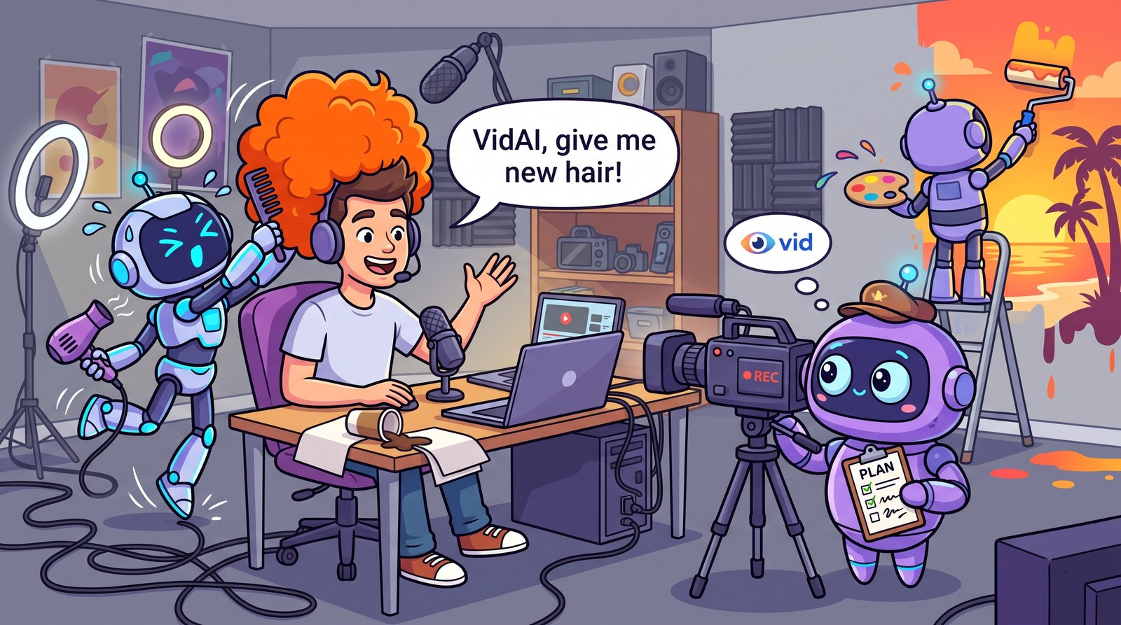 A YouTuber records while VidAI robots run the camera, bring a new wig on request and paint a new background live
