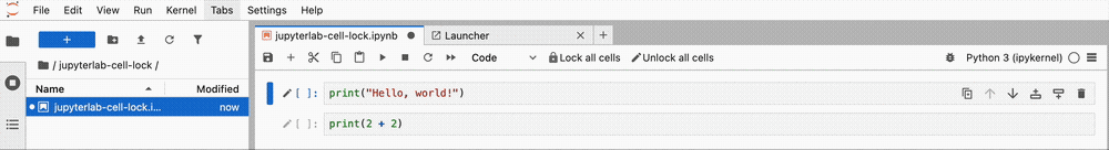 GIF showing JupyterLab UI "Lock all cells" and "Unlock all cells" buttons in the toolbar and toggling lock on individual cells