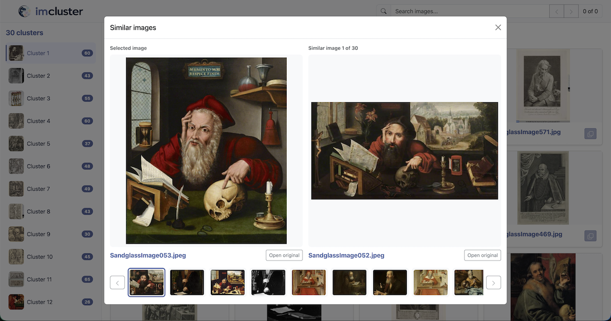 imcluster gallery modal comparing a selected image with similar items