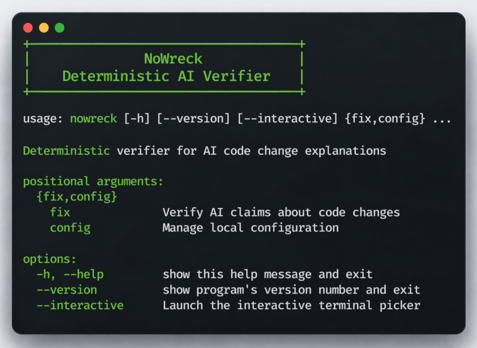 NoWreck interactive mode menu