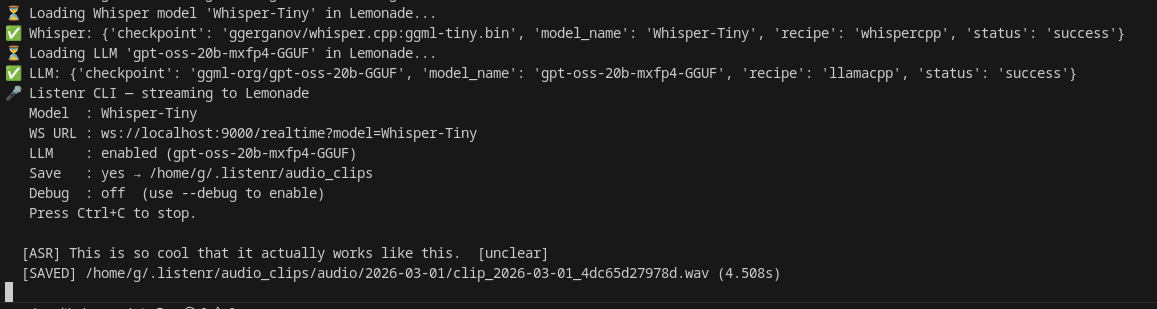 Listenr CLI streaming - example output