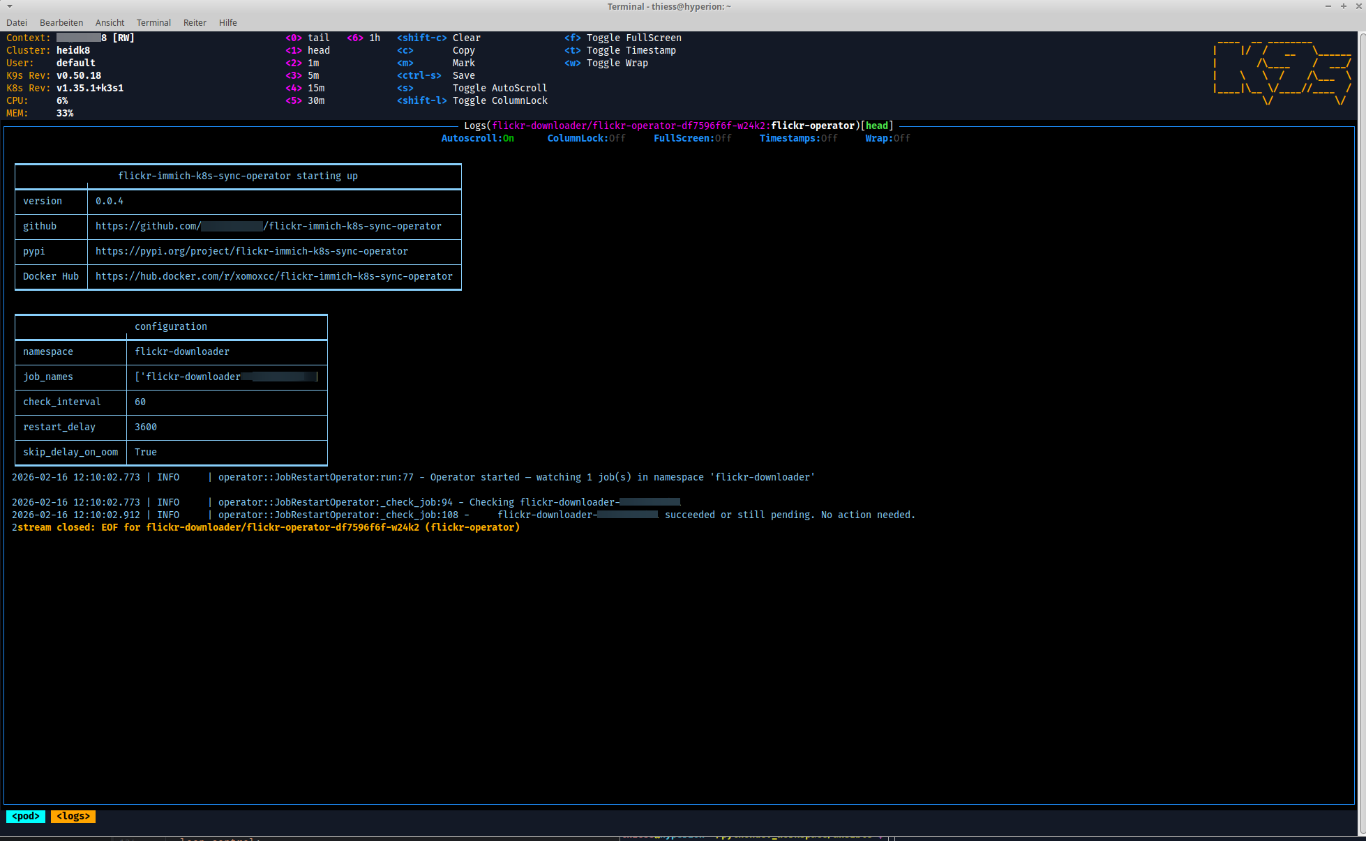 Operator startup with configuration overview