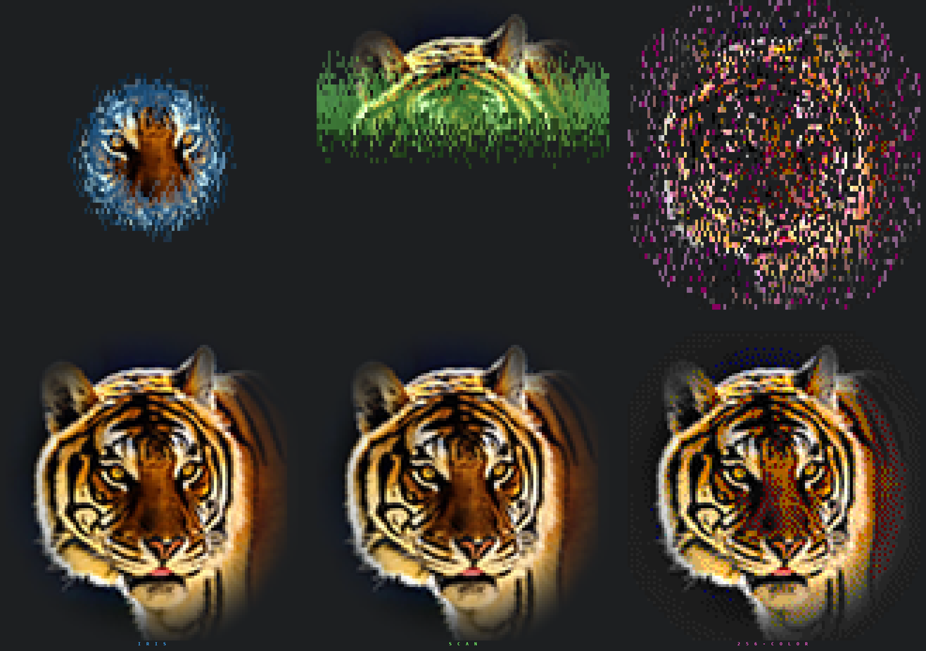 iris reveal in blue, scan reveal in green, dissolve reveal in 256-color mode