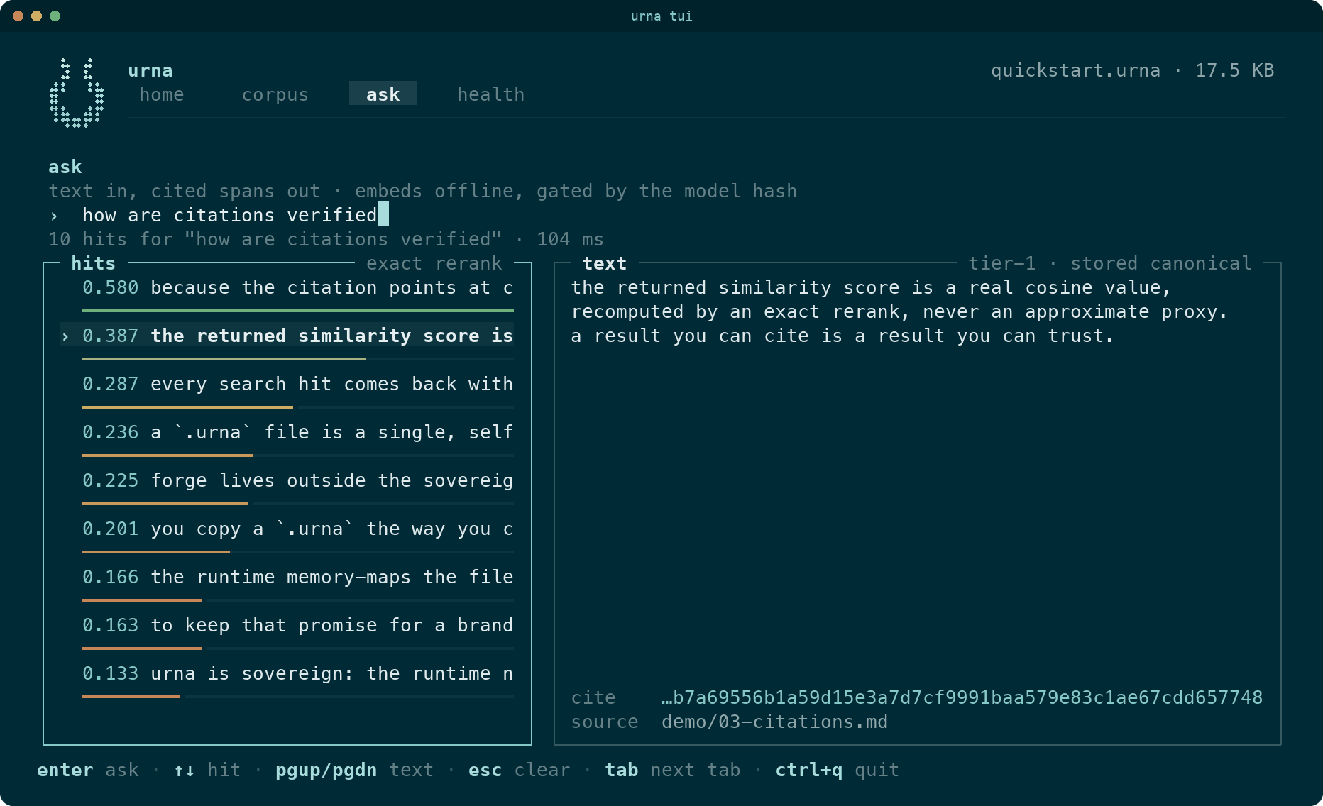 urna tui: the ask tab with scored hits and the cited text of the selected one