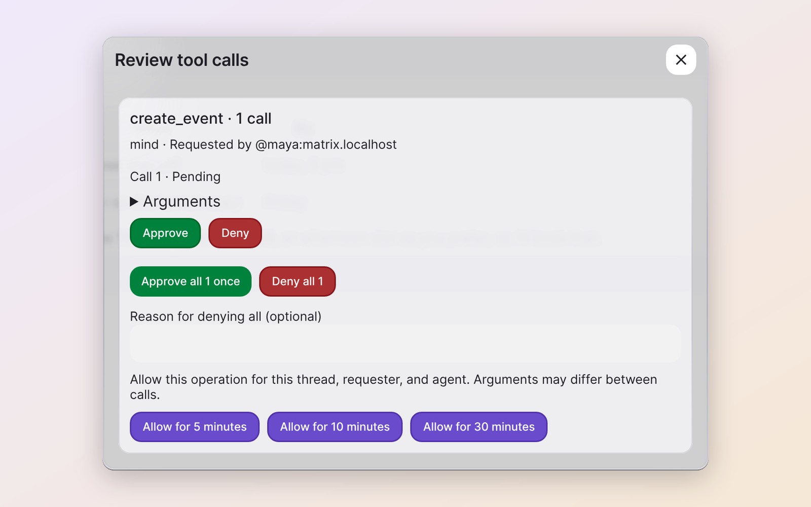 A review dialog where the user approves an agent's calendar booking