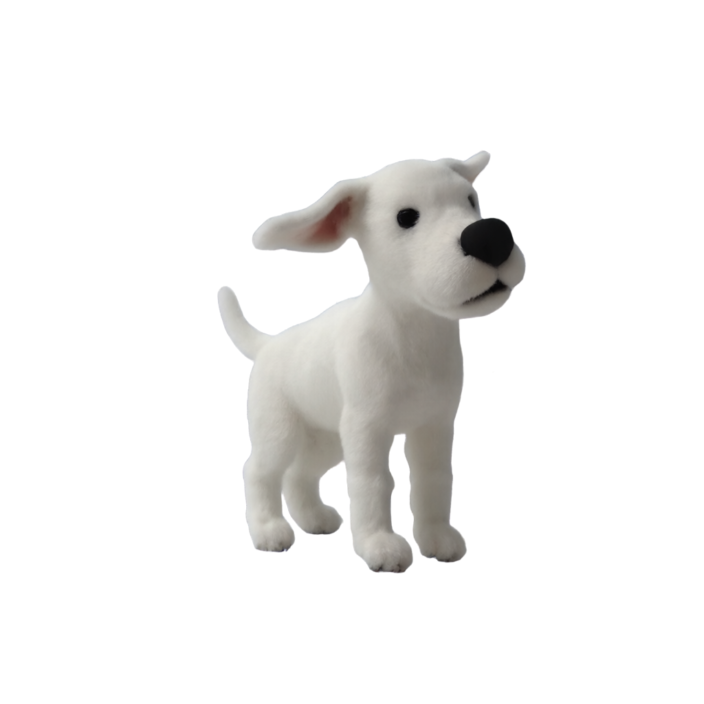 A white cartoon puppy with pink inner ears and a black nose, standing, on a transparent background