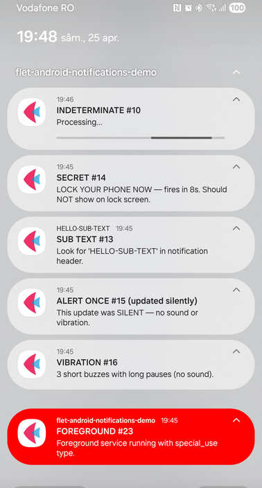 Foreground service with red colorized background on Samsung OneUI, plus secret/sub-text/vibration variants
