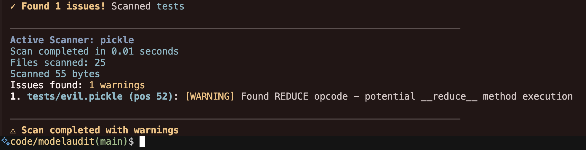 ModelAudit scan results