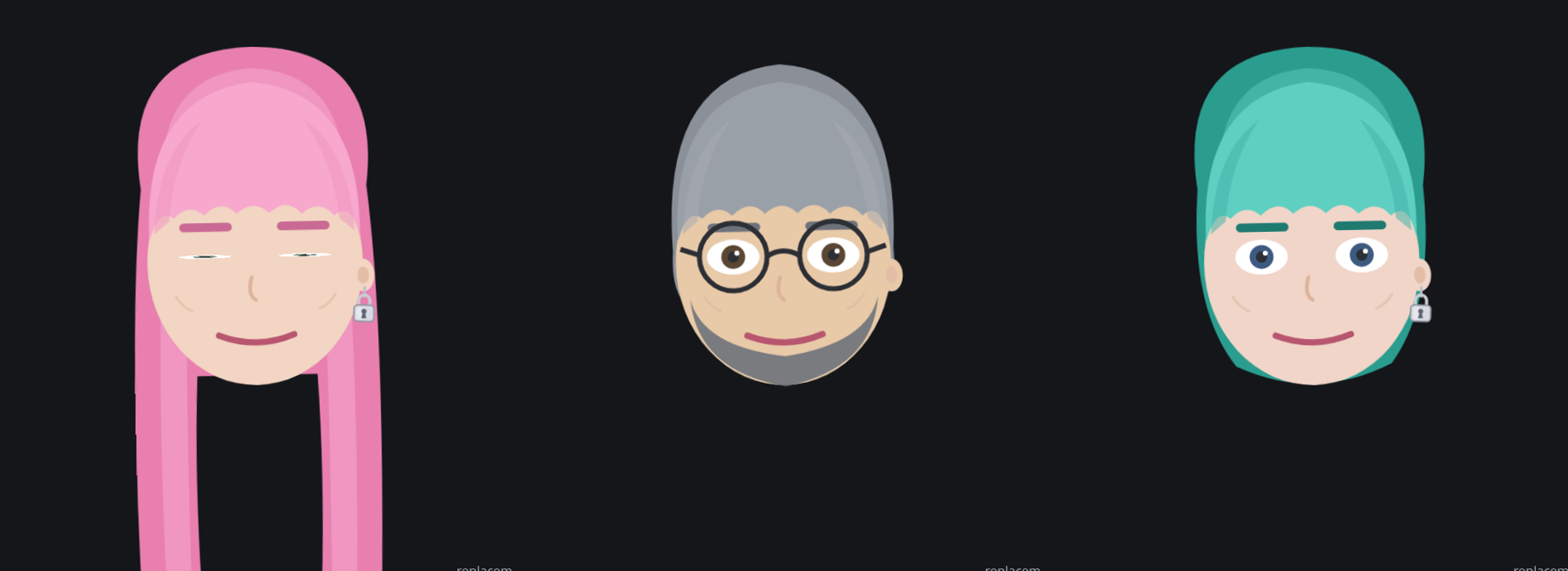 three characters from three character files: the default, a bearded engineer, a teal bob
