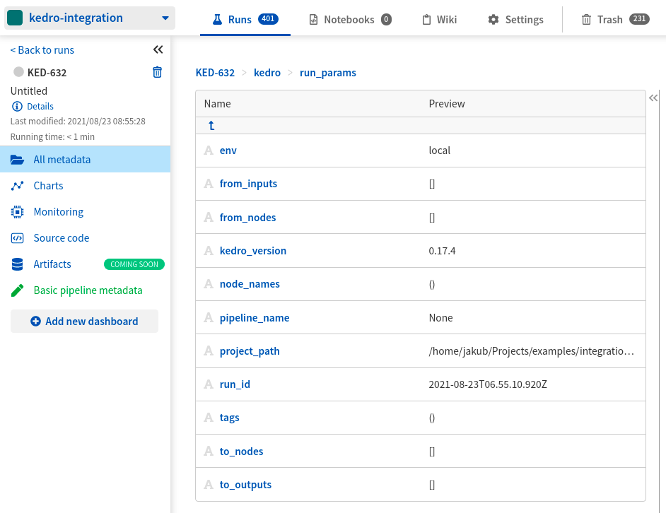 Execution parameters logged from Kedro to Neptune UI