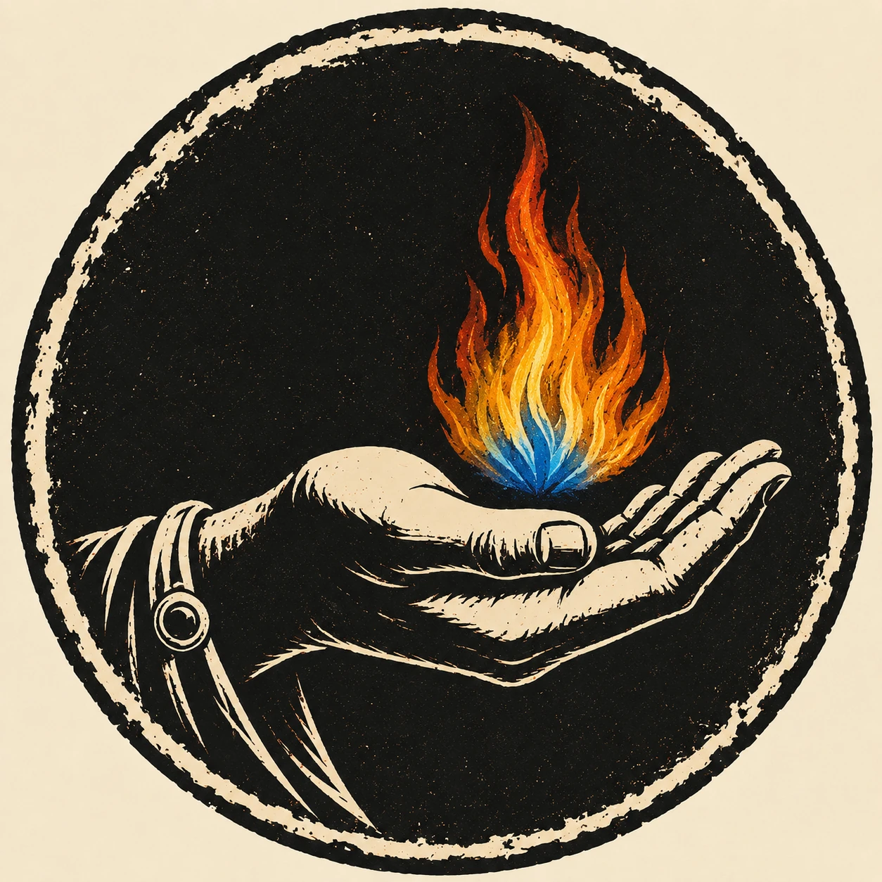 Procheiron mark: an open hand holding a flame, struck as a Roman coin