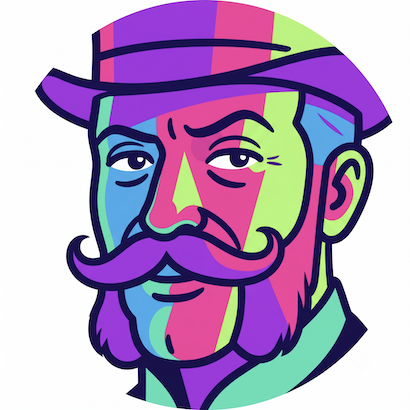 Carl Mergé logo: a moustached man in a hat, drawn in bright purple, pink, green and blue