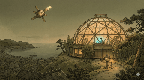 A brass-ribbed crystal dome on a hilltop at dusk, the establishing shot for the Tensegrity blog series on Nexus