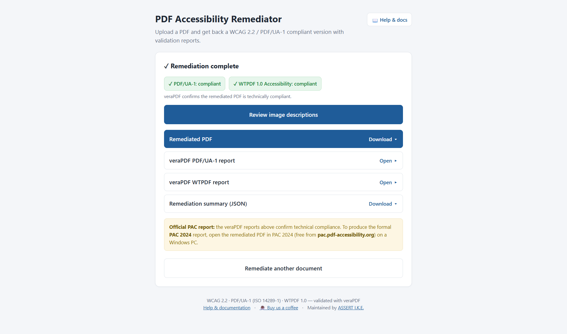 Remediation complete — both PDF/UA-1 and WTPDF 1.0 Accessibility show "compliant" pills, with download cards for the remediated PDF and the two veraPDF reports
