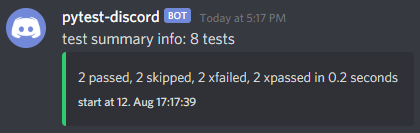 https://github.com/thombashi/pytest-discord/blob/master/ss/pytest-discord.png