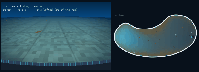 The pool floor seen from the cleaner's own bumper, silt and leaves passing beneath it, with the top-down view alongside