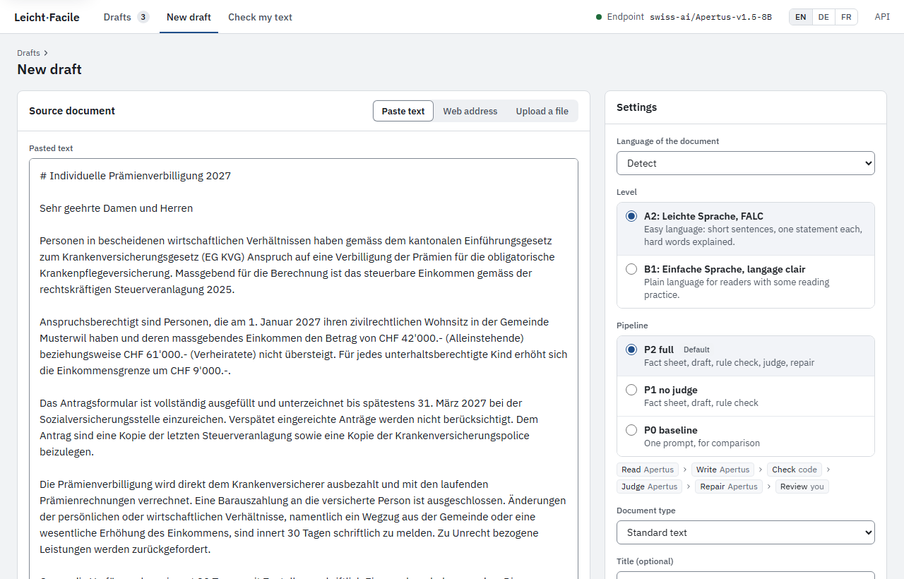 The New draft form with the German example letter pasted, and the settings: language, level and pipeline