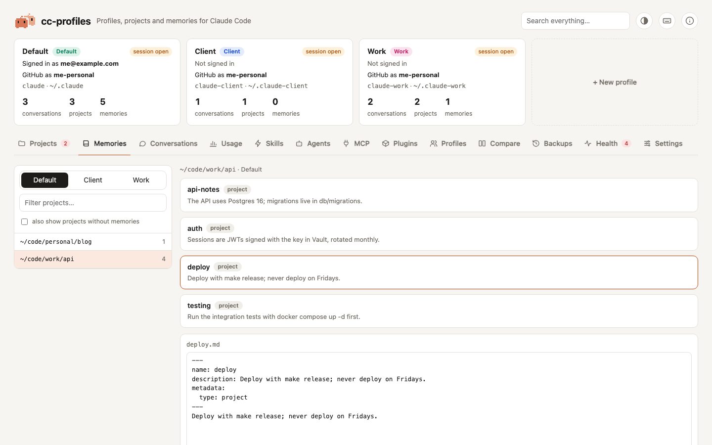 The Memories tab: projects on the left, the memories of the selected project with their descriptions, and an editor