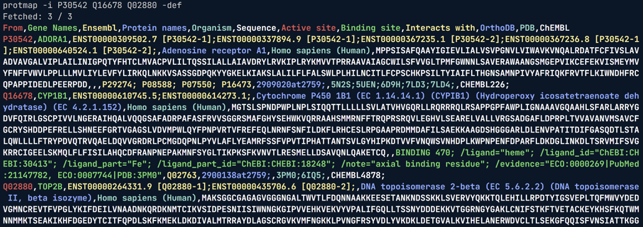 Image displaying the output of UniProtMapper's CLI, protmap