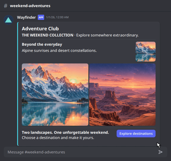 SimCord Preview rendering Components V2, rich embeds, interactive buttons, a booking modal, and a Discord-style poll