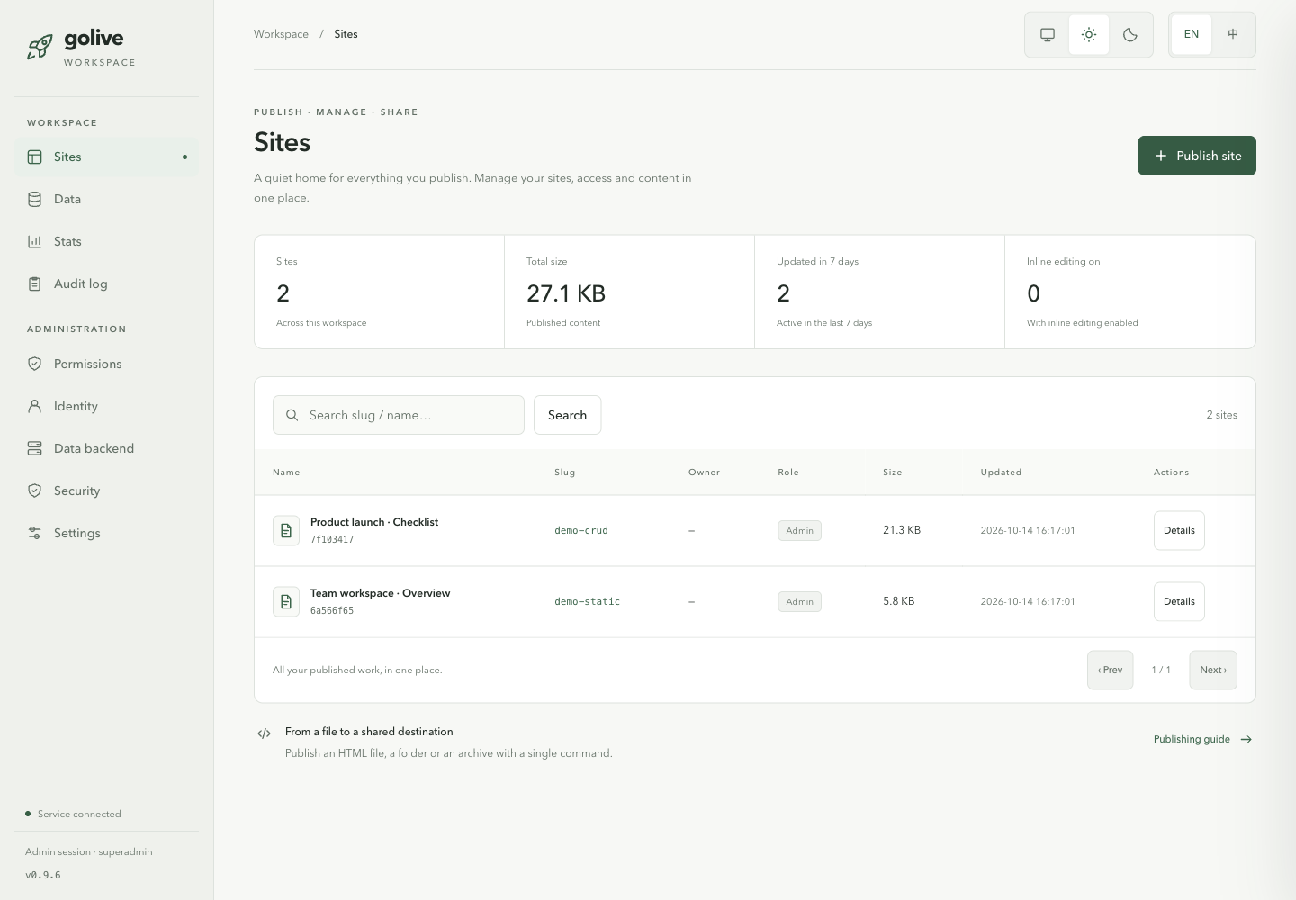 The admin portal — light theme