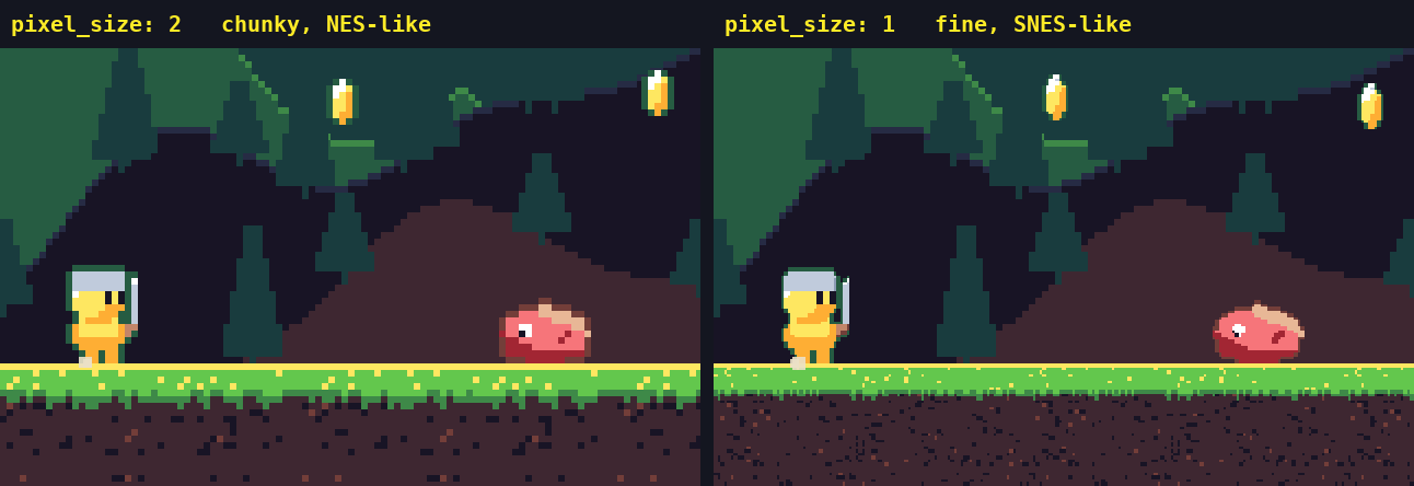 The same game with pixel_size 2 (chunky) and pixel_size 1 (fine)