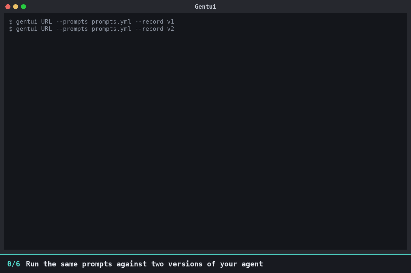 Gentui compare mode: two runs side by side as a diff, a prompt picker, and a judge panel with a match score and comment for each prompt