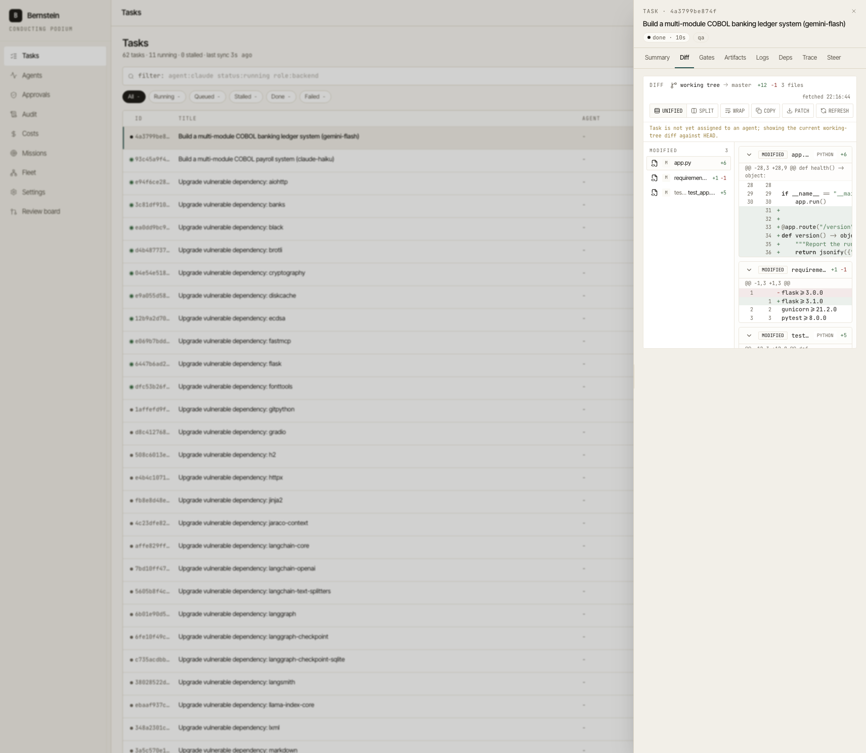 A browser dashboard listing sixty-two tasks with eleven running, one of them opened to its working-tree diff