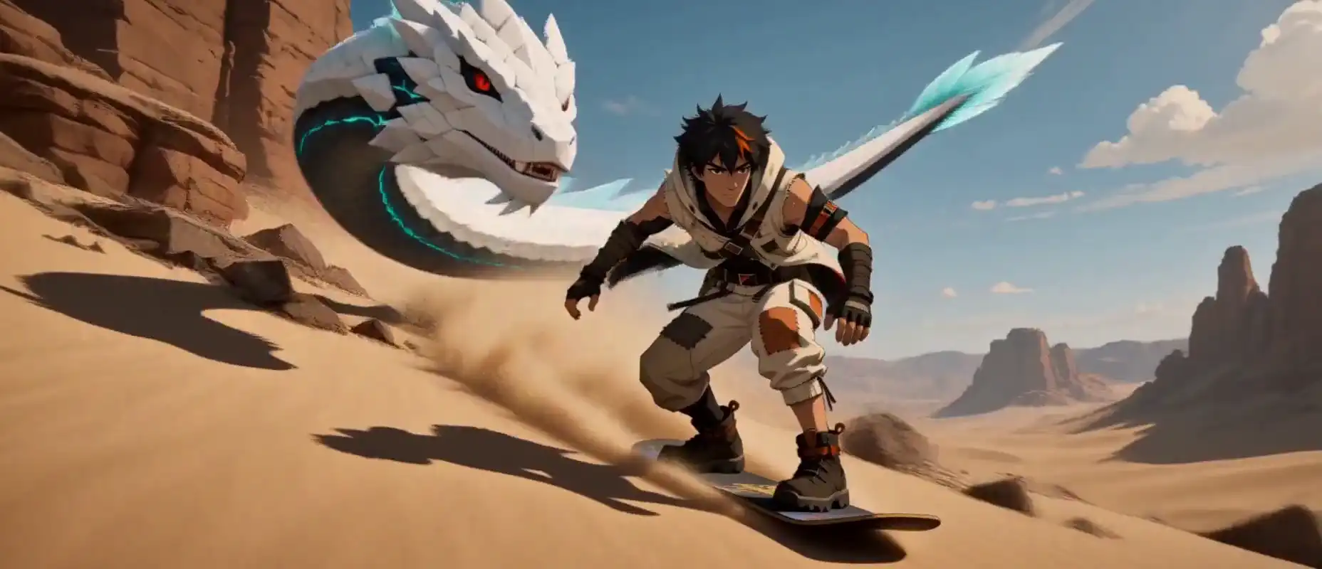 A man sandboarding down a dune with a giant white dragon running alongside him, ending on the title OpenH3-IR