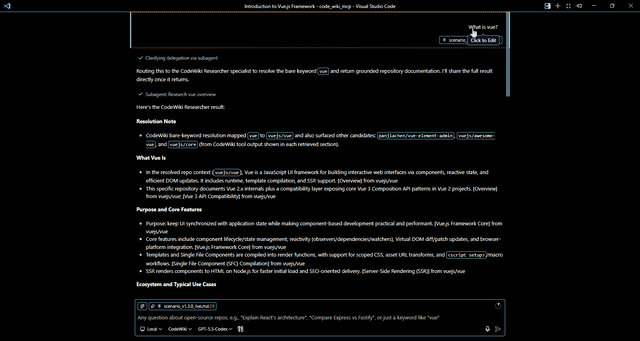 Sample conversation using CodeWiki MCP and CodeWiki Agent