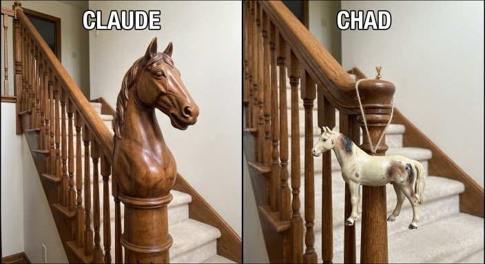 Two staircase newel posts side by side: Claude is a hand-carved wooden horse head, chad is a scuffed plastic toy horse tied on with twine