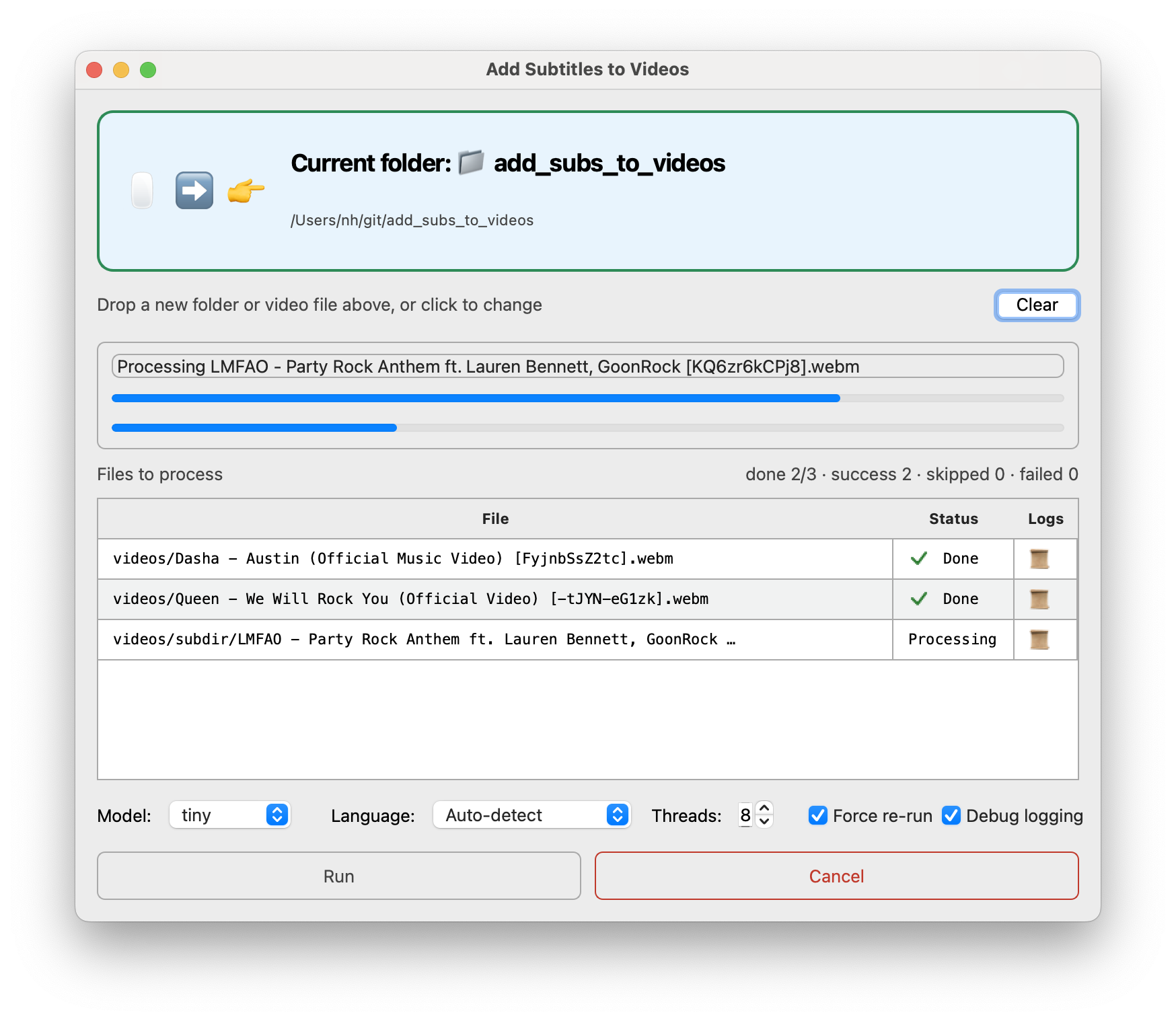 GUI – transcription in progress