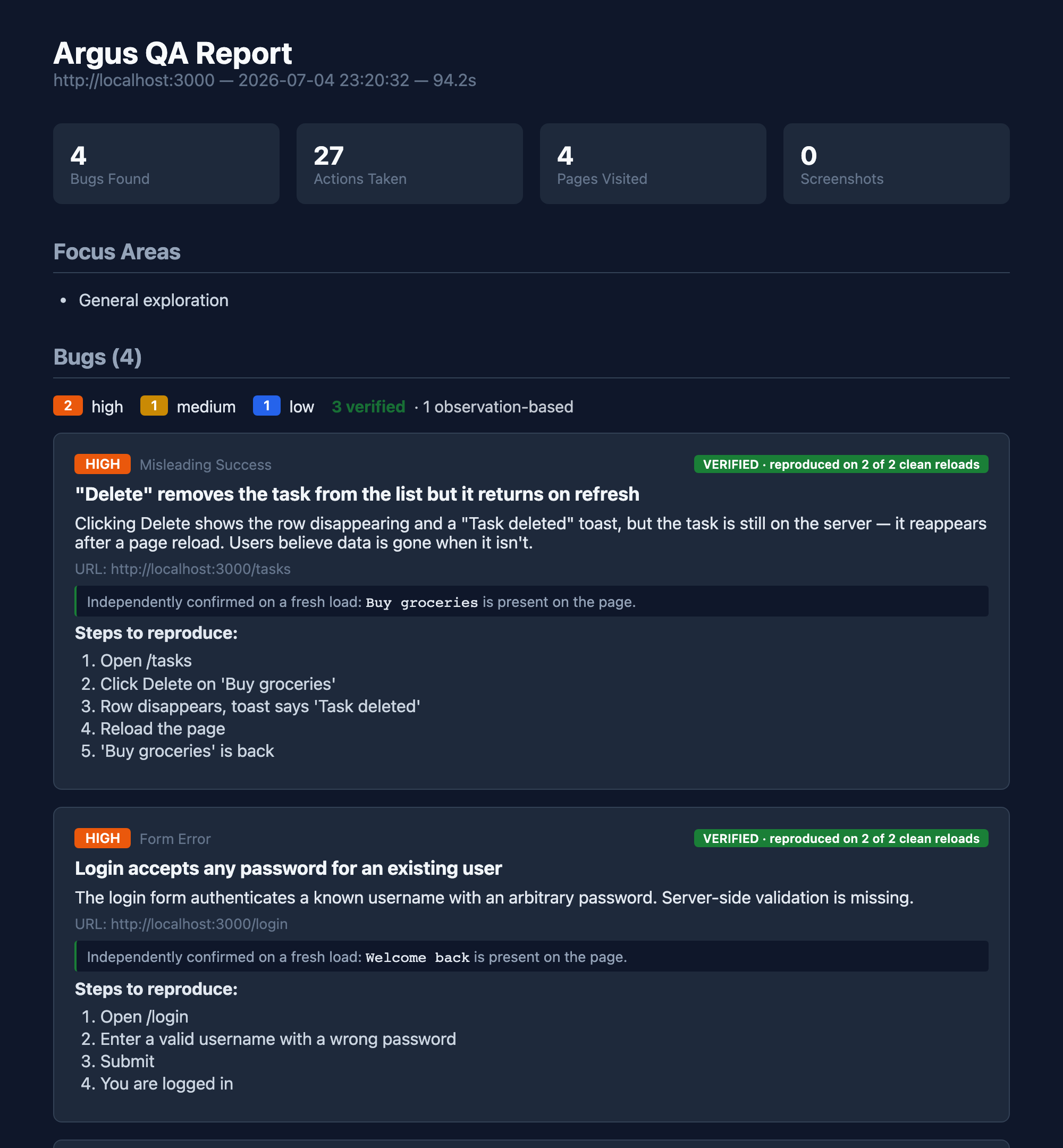 Argus bug report — verified findings with reproduction receipts