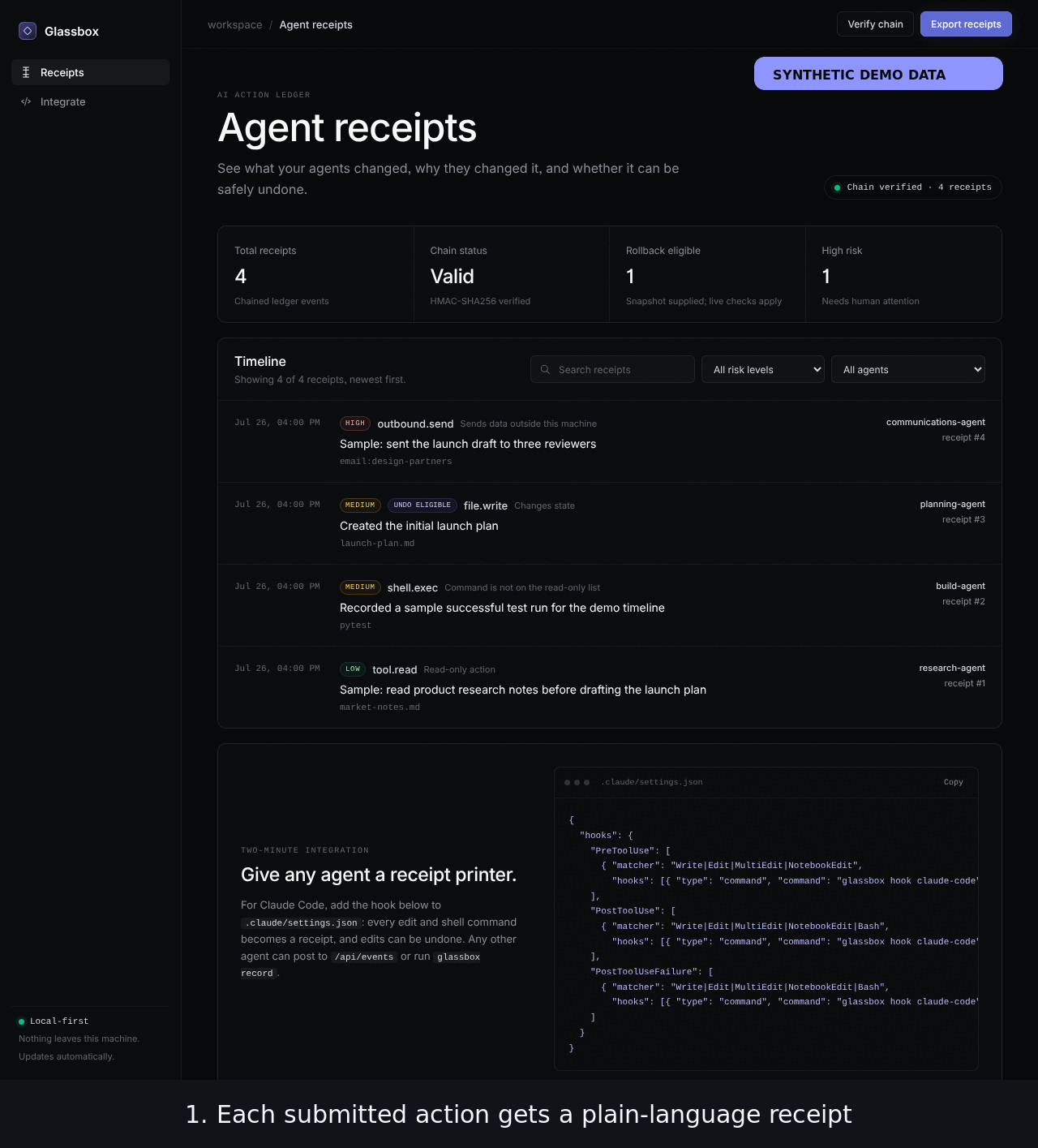 Two-step Glassbox walkthrough: record an agent action, then restore the file while preserving history