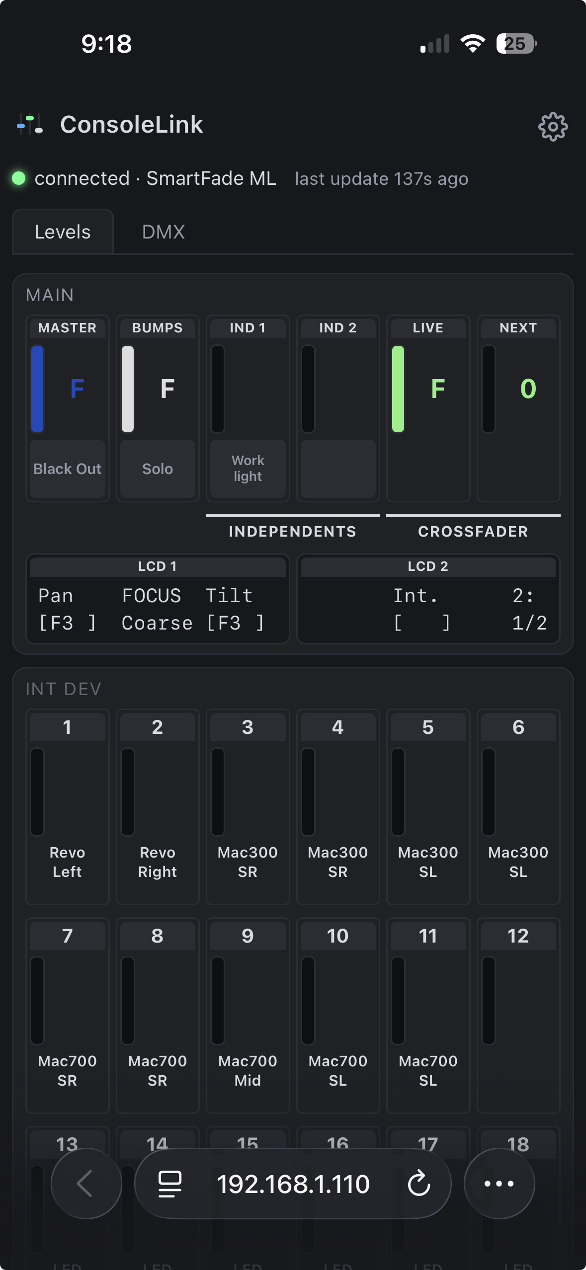 consolelink web app on a phone: the same controls with rows wrapped to 6 columns