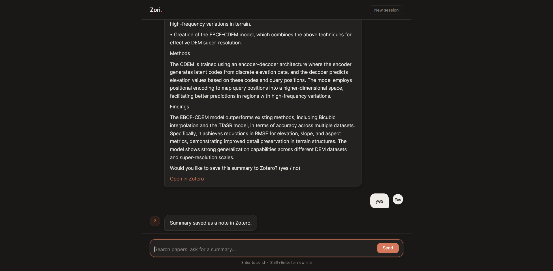 Zori paper summary saved as a Zotero note