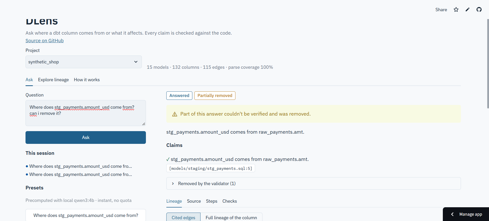 A live answer on Gemini: the lineage claim is verified and cited; the unsupported second part was removed by the validator