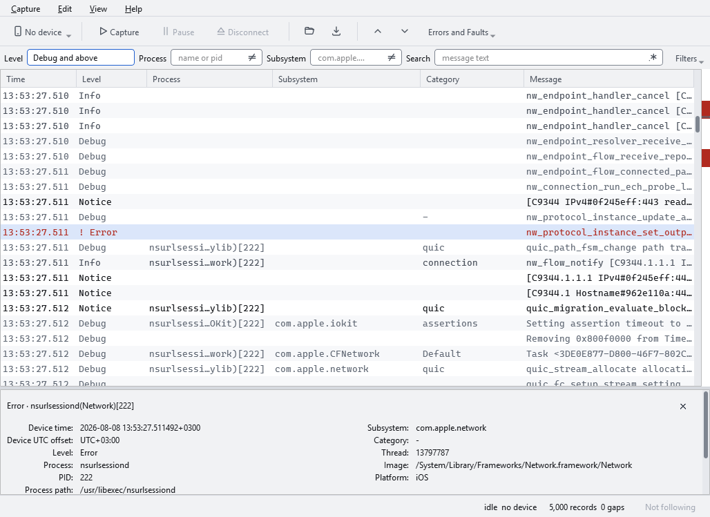 The ostrace viewer on Windows, showing a capture from an iPhone with an error selected and every field of it in the detail pane