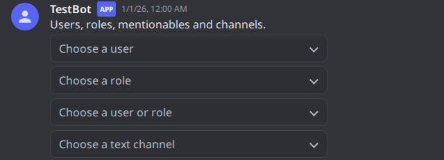 User, role, mentionable and text-channel select controls