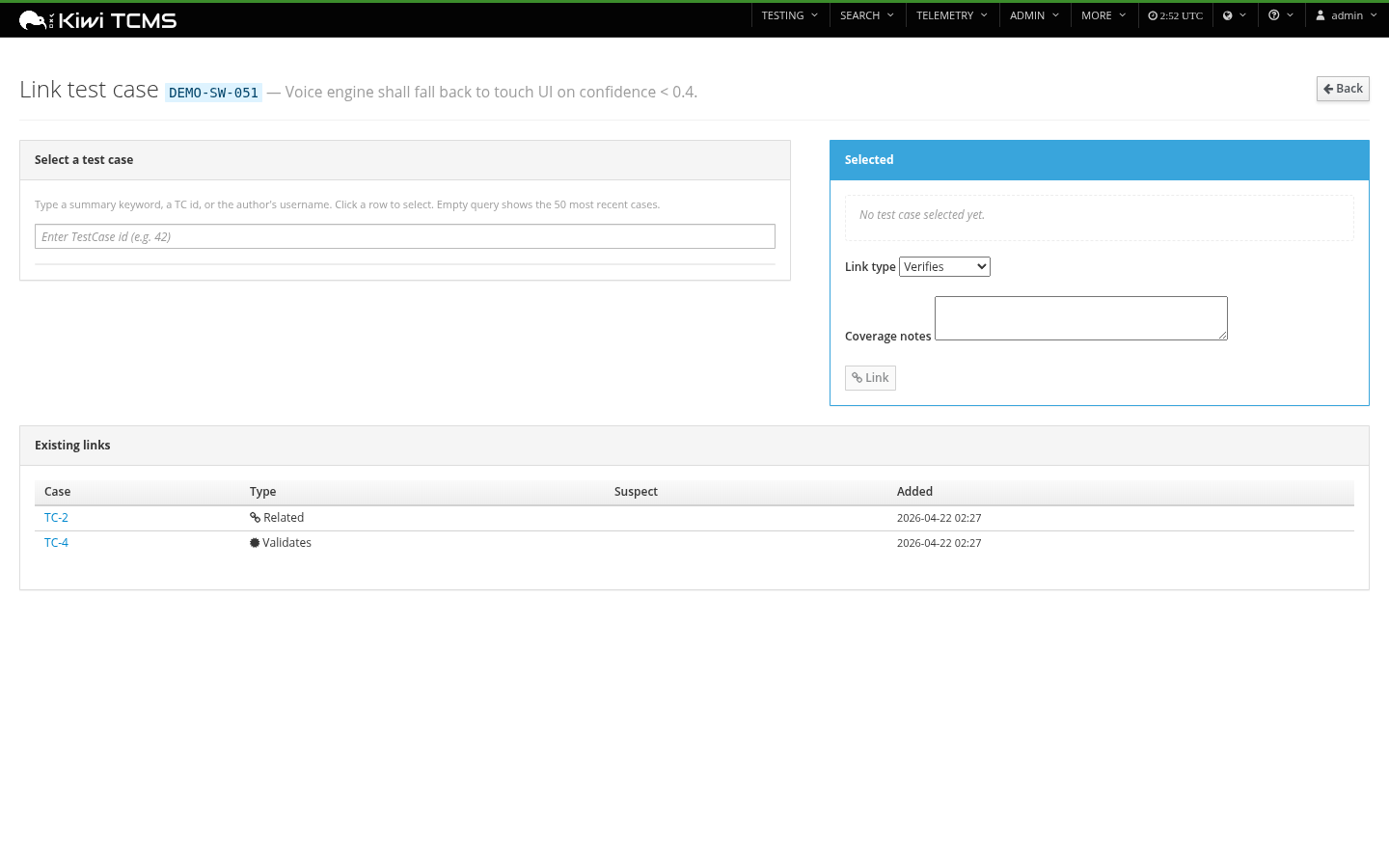 Link test case picker