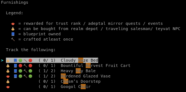 Analyze furnishings menu