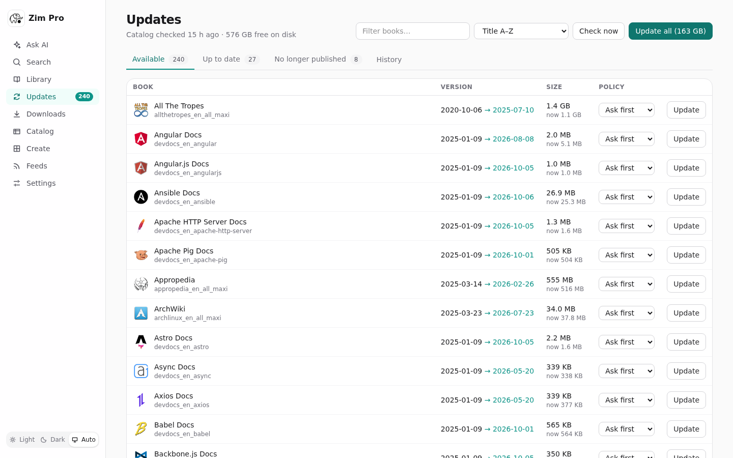 Updates from the Kiwix catalog