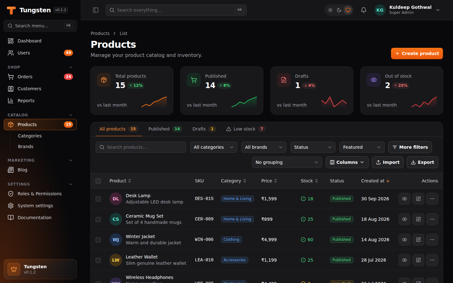 Products table in dark mode