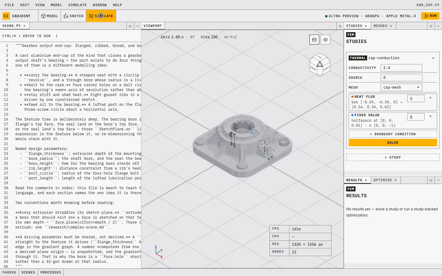 The end cap's cap-conduction thermal study is run from the Simulate panel. Its mesh is declared as cut cells, so no volume mesh is built: the job chip counts up while the lattice's cut cells are assembled and solved, then the temperature field lands on the solid with its legend, and the part is turned with the field on it.