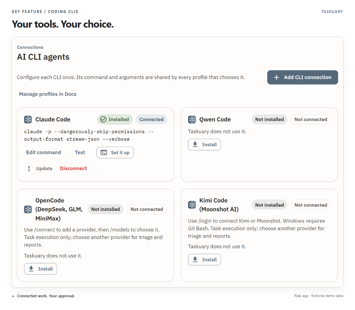 AI CLI connections for Claude, Qwen, OpenCode with DeepSeek, and Kimi Code.