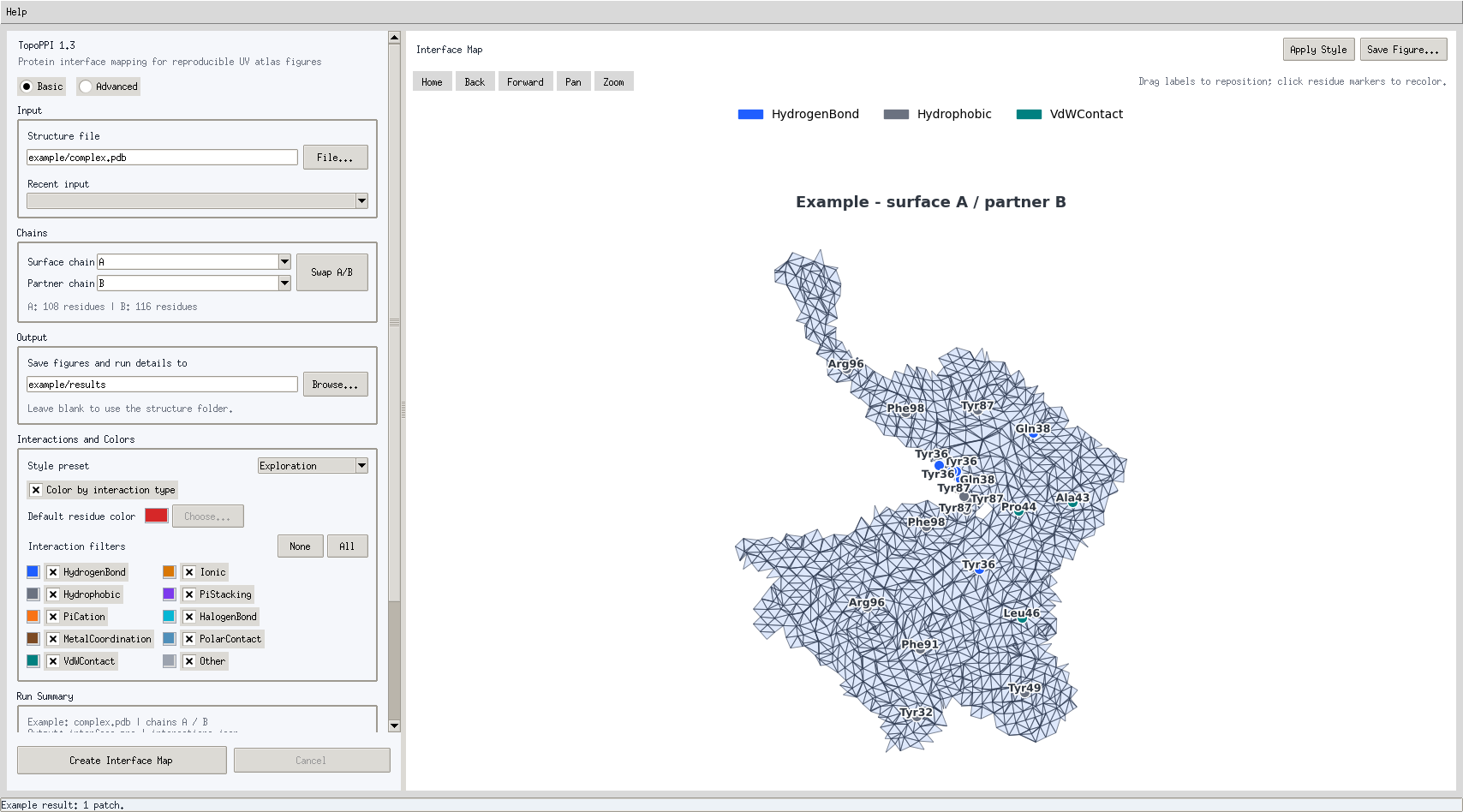 Sanitized TopoPPI desktop example showing the Basic workflow and an annotated interface atlas