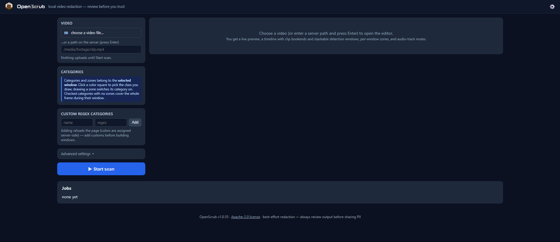 The OpenScrub home page: load a video, custom regex categories, advanced settings, and the jobs list — all on one page