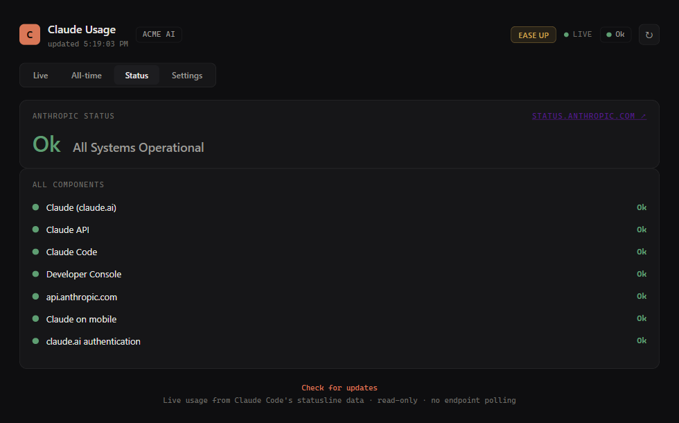 Dashboard — Status tab