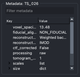 Metadata of tomogram TS_026 shown as an interactive tree of keys and values